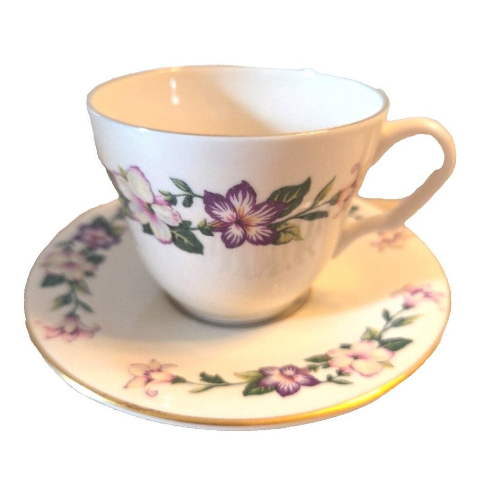 Tea Cup and Saucer Pickard China Pamela 1059 Made USA Violet Purple 1947 Vtg